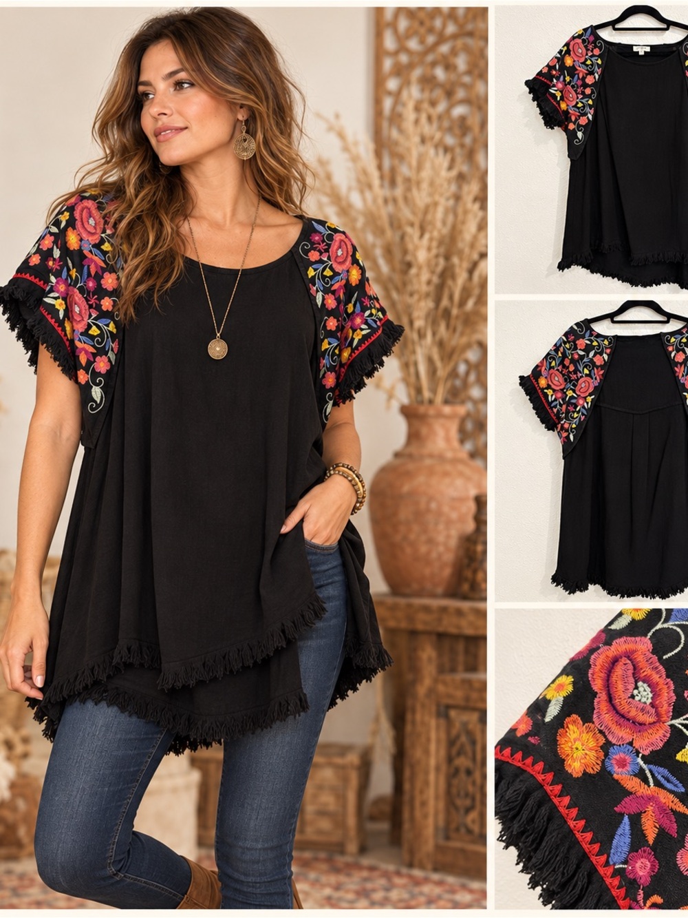 Umgee M Embroidered Linen Blend Womens Top Black Frayed Boho Fringe #336CL